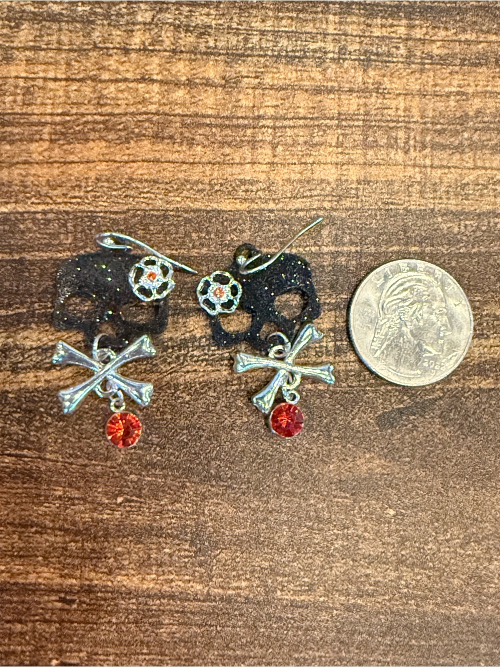 Silver Crossbones Dangle Earrings with Red Crystal Accent